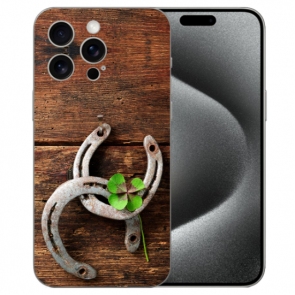 Personalisierte Silikon Cover Case für iPhone 15 Pro Max mit eigenem Holzhufeisen Bilddruck 