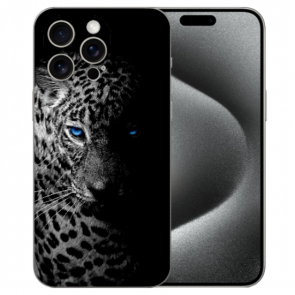 TPU Schale mit eigenem Fotodruck Leopard mit blauen Augen für iPhone 15 Pro Hülle