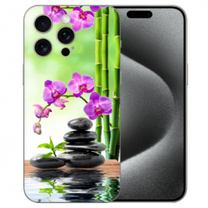 TPU Hülle Etui mit eigenem Fotodruck Orchidee Bambus und Basaltsteine für iPhone 15 Pro Back Case