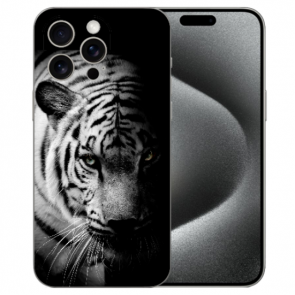 TPU Handy Hülle Etui mit eigenem Fotodruck Tiger Schwarz Weiß für iPhone 15 Pro Hülle