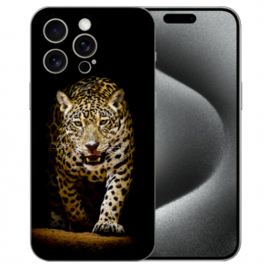 Silikon TPU Hülle für iPhone 15 Pro Max mit eigenem Fotodruck Leopard bei der Jagd 