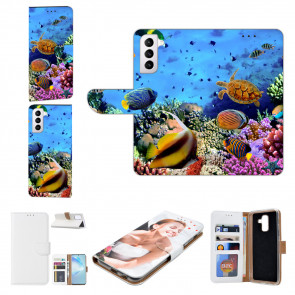 Samsung Galaxy S21 Handy Tasche mit Bilddruck Aquarium Schildkröten 