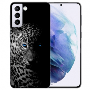Samsung Galaxy S21 Silikon TPU Hülle mit Fotodruck Leopard mit blauen Augen