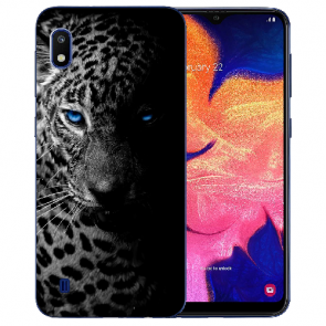 Samsung Galaxy A01 Silikon Hülle mit Bilddruck Leopard mit blauen Augen