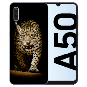Samsung Galaxy A50 Silikon TPU Hülle mit Bilddruck Leopard beim Jagd 