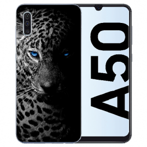 Samsung Galaxy A50 Silikon Hülle mit Bilddruck Leopard mit blauen Augen