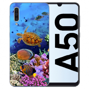 Samsung Galaxy A50 Silikon Hülle mit Bilddruck Aquarium Schildkröten