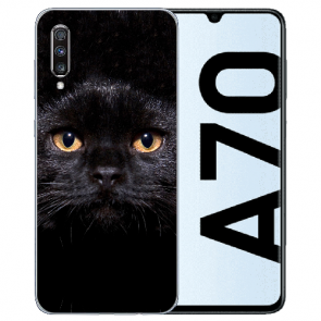 Samsung Galaxy A70 Silikon TPU Schutzhülle mit Bilddruck Schwarz Katze