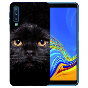 Samsung Galaxy A7 (2018) Silikon TPU Hülle mit Schwarz Katze Fotodruck