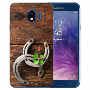 Samsung Galaxy J4 (2018) TPU Silikon Hülle mit Fotodruck Holz hufeisen 