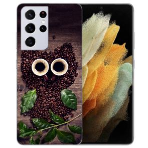 Samsung Galaxy S21 Ultra Silikon TPU Hülle mit Kaffee Eule Fotodruck