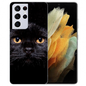 Samsung Galaxy S21 Ultra Silikon TPU Hülle mit Bilddruck Schwarz Katze 