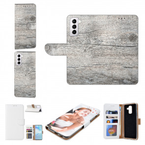 Sideflip Tasche für Samsung Galaxy S22 (5G) Bilddruck Holzoptik Grau 