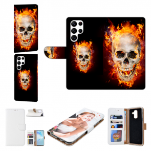 Flip Case Handycover für Samsung Galaxy S22 Ultra (5G) Bilddruck Totenschädel Feuer