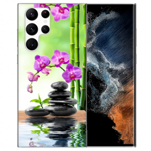 TPU Cover für Samsung Galaxy S22 Ultra (5G) Bilddruck Orchidee Bambus und Basaltsteine 