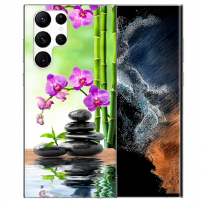 TPU Cover für Samsung Galaxy S22 Ultra (5G) Bilddruck Orchidee Bambus und Basaltsteine