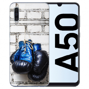 Silikon Handy Hülle für Samsung Galaxy A50 mit Boxhandschuhe Bilddruck