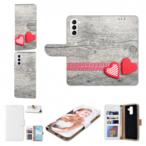Samsung Galaxy S21 Handy Hülle Tasche mit Fotodruck Herzen auf Holz