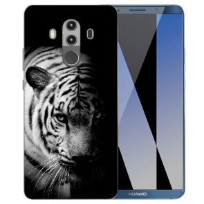 Huawei Mate 10 Pro Silikon TPU Hülle mit Tiger Schwarz Weiß Fotodruck 