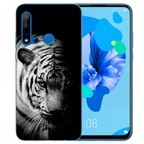 Huawei P20 Lite 2019 TPU Silikonhülle mit Tiger Schwarz Weiß Bilddruck 