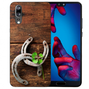 Huawei P20 Handy Hülle Silikon TPU Case mit Fotodruck Holz hufeisen