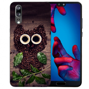 Huawei P20 Handy Hülle Silikon TPU mit Fotodruck Kaffee Eule