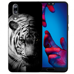Silikon TPU Handy Hülle für Huawei P20 mit Fotodruck Tiger Schwarz Weiß