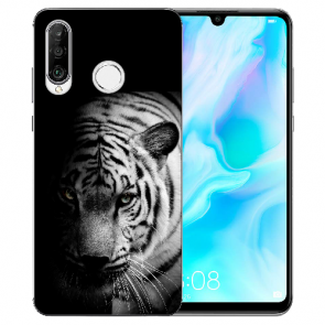 Huawei P30 Lite New Edition  Silikon TPU Hülle mit Bilddruck Tiger Schwarz Weiß