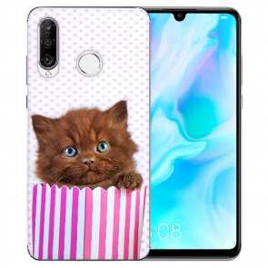 Huawei P30 Lite New Edition Silikon TPU Hülle mit Bilddruck Kätzchen Braun