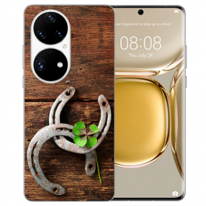 Schutzhülle Silikon TPU für Huawei P50 Handy Hülle mit Fotodruck Holz hufeisen
