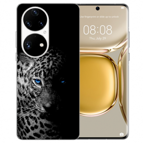 Huawei P50 Silikon TPU Handy Hülle mit Fotodruck Leopard mit blauen Augen