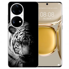 Huawei P50 Silikon TPU Handy Hülle mit Fotodruck Tiger Schwarz Weiß