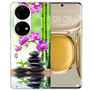 Huawei P50 Silikon TPU Handy Hülle mit Fotodruck Orchidee Bambus und Basaltsteine