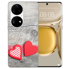 Schutzhülle Silikon TPU für Huawei P50 Handy Hülle mit Fotodruck Herzen auf Holz