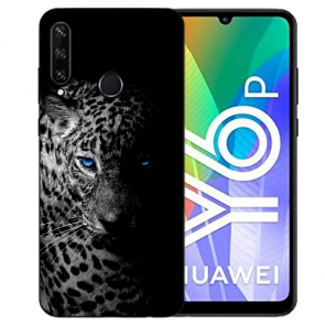 Huawei Y6P (2020) TPU Hülle mit Fotodruck Leopard mit blauen Augen Etui