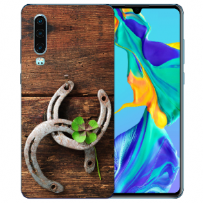 Huawei P30 Silikon TPU Handy Hülle mit Bilddruck Holz hufeisen Etui