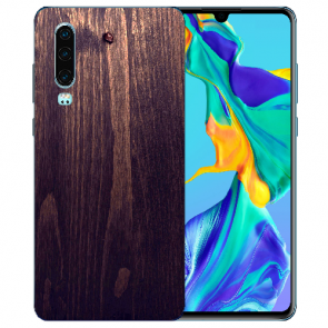 Huawei P30 Silikon TPU Handy Hülle mit Bilddruck HolzOptik Dunkelbraun 