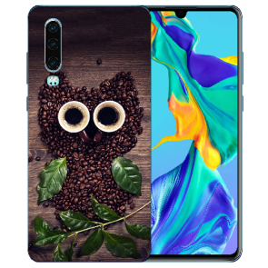 Huawei P30 Silikon TPU Handy Hülle mit Bilddruck Kaffee Eule Etui