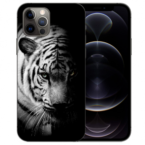 iPhone 12 Pro Handy Hülle Tasche mit Bilddruck Tiger Schwarz Weiß