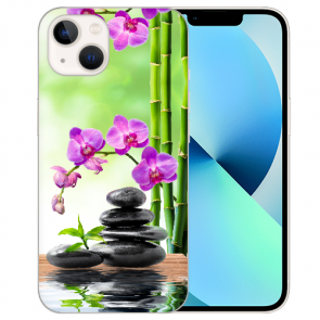 Handyhülle Silikon TPU für iPhone 13 Mini mit Fotodruck Orchidee Bambus und Basaltsteine