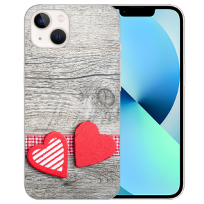 Silikon TPU Cover Handyhülle für iPhone 14 Fotodruck Herzen auf Holz