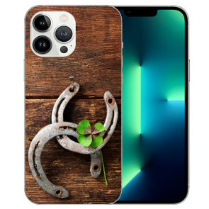 iPhone 13 Pro Max Schutzhülle Handy Silikon TPU mit Fotodruck Holz hufeisen