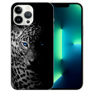 iPhone 13 Pro Handy Hülle Silikon TPU mit Bilddruck Leopard mit blauen Augen