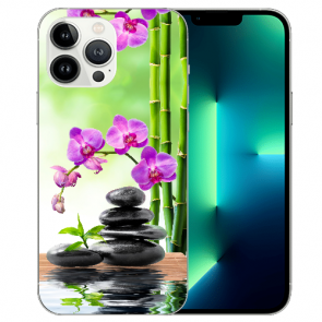 iPhone 13 Pro Max Handyhülle Silikon TPU mit Orchidee Bambus und Basaltsteine Fotodruck 
