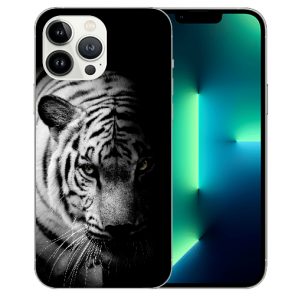 iPhone 13 Pro Handy Hülle Silikon TPU Case mit Bilddruck Tiger Schwarz Weiß