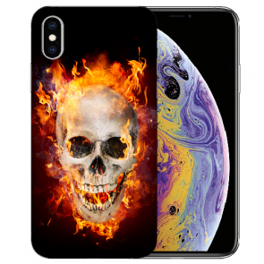 iPhone X / XS TPU Handy Tasche Etui mit Fotodruck Totenschädel Feuer