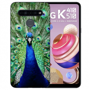 Schutzhülle Silikon TPU für LG K41s mit Pfau Bild Namendruck 