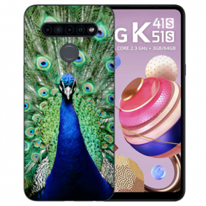 Schutzhülle Silikon TPU für LG K51s mit Pfau Bild Namendruck