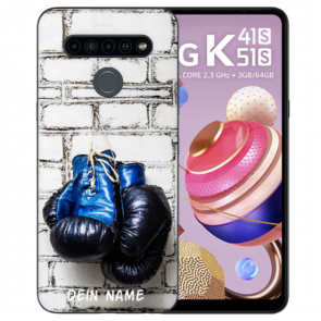 Schutzhülle Silikon TPU für LG K51s mit Boxhandschuhe Bild Namendruck