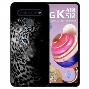 Handyhülle TPU Silikon für LG K41s mit Leopard mit blauen Augen Fotodruck  